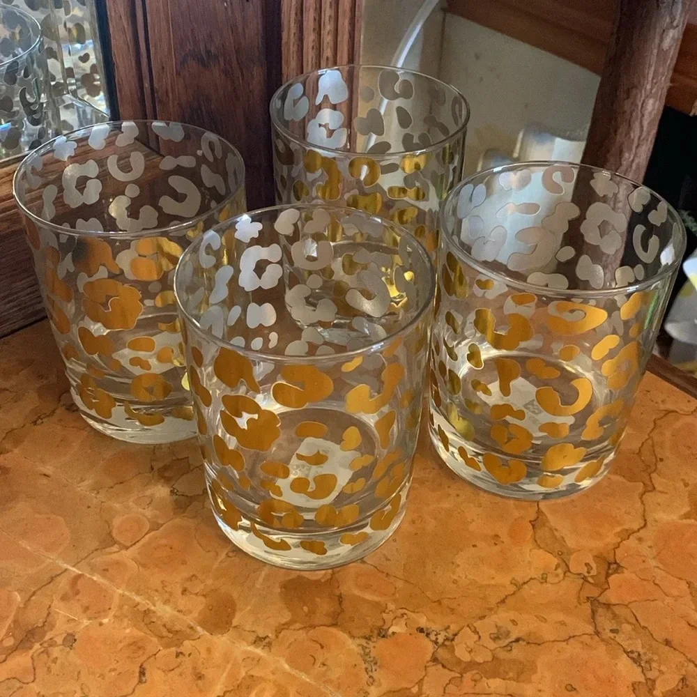 Mary Square Gold Foil Leopard 12 ounce Glass Cocktail Old Fashioned set of 4